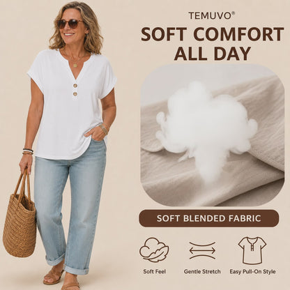 2026 Hot Style Women’s V-Neck Henley Top – Casual Loose Short Sleeve Dressy Blouse & Basic Tee